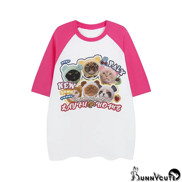 Letter Kitty Print Round Collor Colorblock T-Shirt