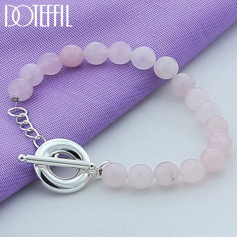 DOTEFFIL 925 Sterling Silver OT Buckle Pink Agate Bracelet For Woman Jewelry