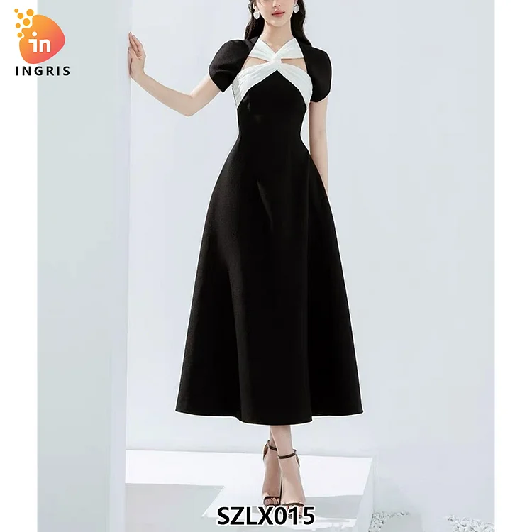 High quality dress spring summer women's black and white long dress irregular neckline fashionable elegant long dress-SZLX015