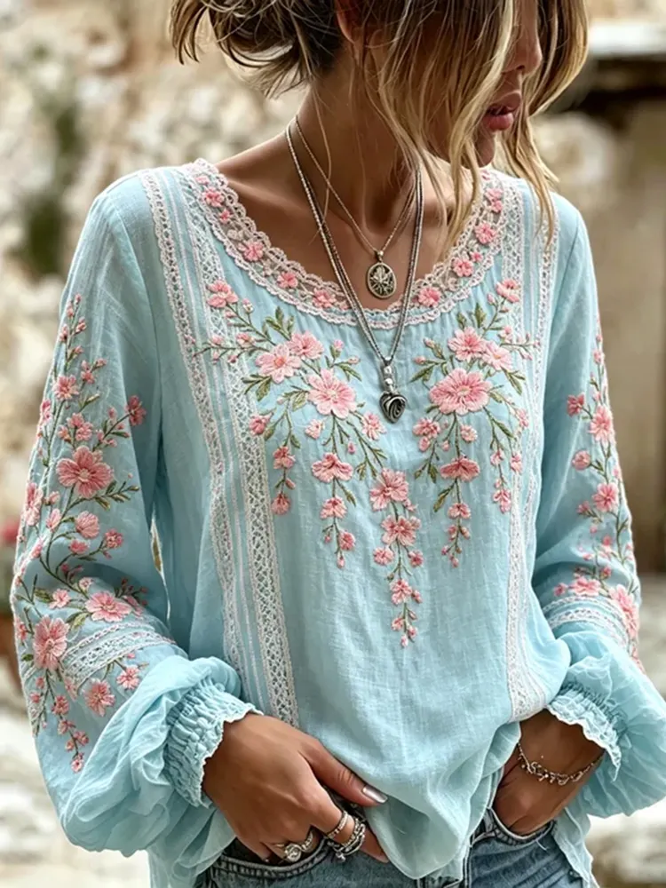 Women's Pink Floral And Lace Art Blue Cotton Linen Blend Comfortable Round Neck Long Sleeve Top
