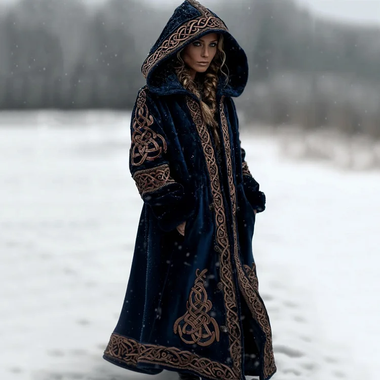 Women's Viking Celtic Knot Inspired Art Plush Warm Hooded Jacket