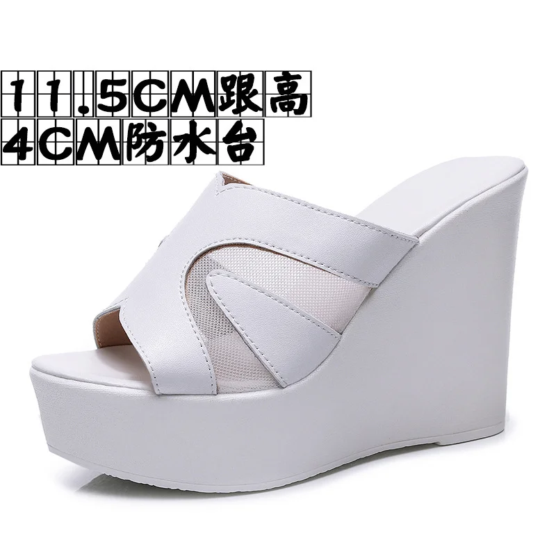 Breakj Breakj Outside The Slope And A Word Drag Summer New Pine Cake Thick Bottom Waterproof Table Hollow High And Fish Mouth Mesh Slippers Woman