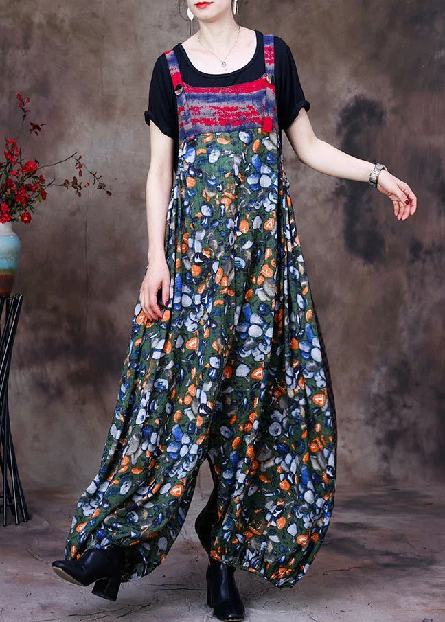 Stylish Green Patchwork Plaid Print Linen Overalls Jumpsuit And Cotton Tanks Two Piece Set Summer