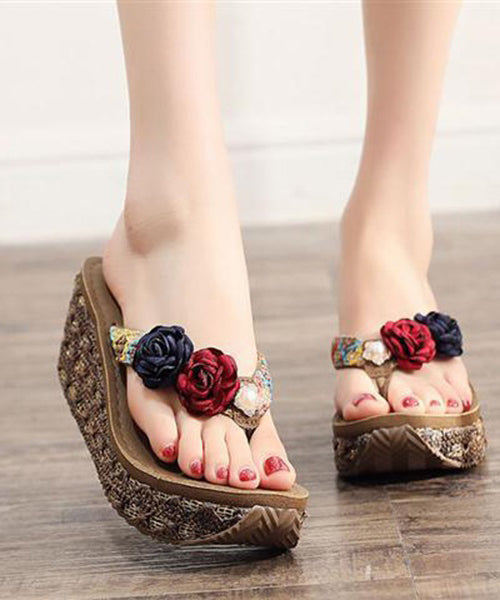 VCSHOES Brown Splicing Floral Holiday Thong Sandals Platform
