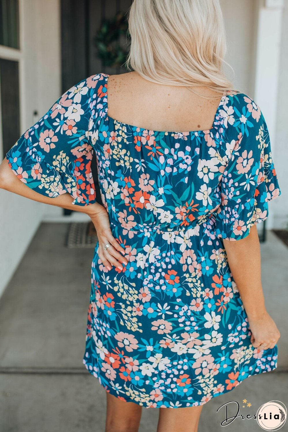 Blue Floral Ruffle Mini Dress with Square Neck