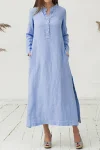 Slit Long Sleeve Casual Linen Shirt Maxi Dresses