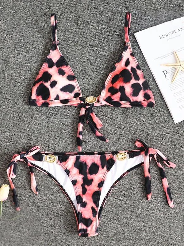 Leopard Print Embellished Knotted Split Bikini Swimsuit