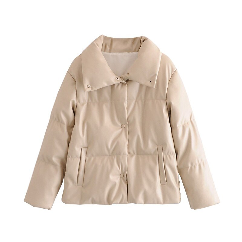 TRAF Women Fashion Faux Leather Thick Warm Padded Jacket Coat Vintage Long Sleeve Pockets Female Outerwear Chic Tops