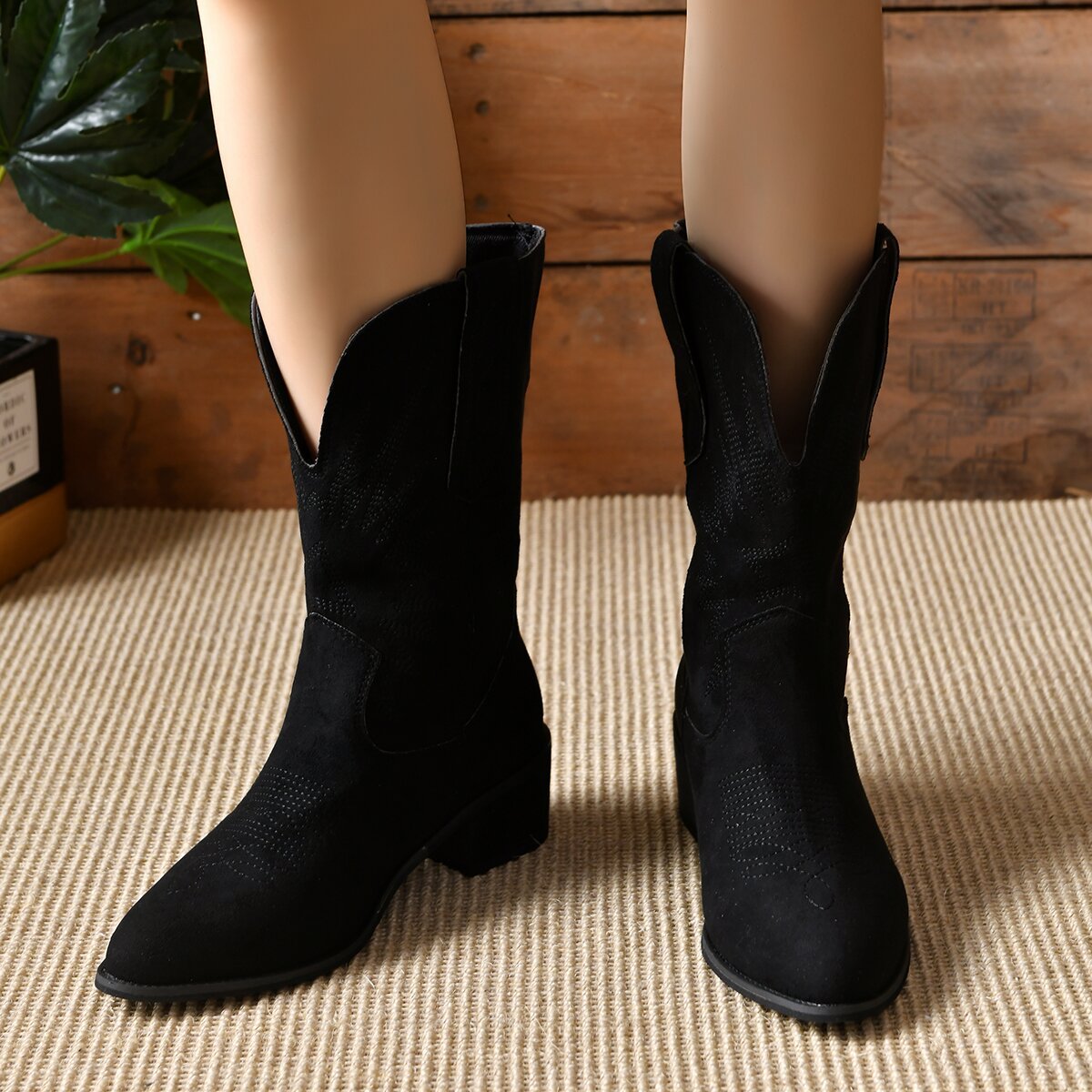 Embroidered cowboy boots front v cut chunky heel mid calf boots