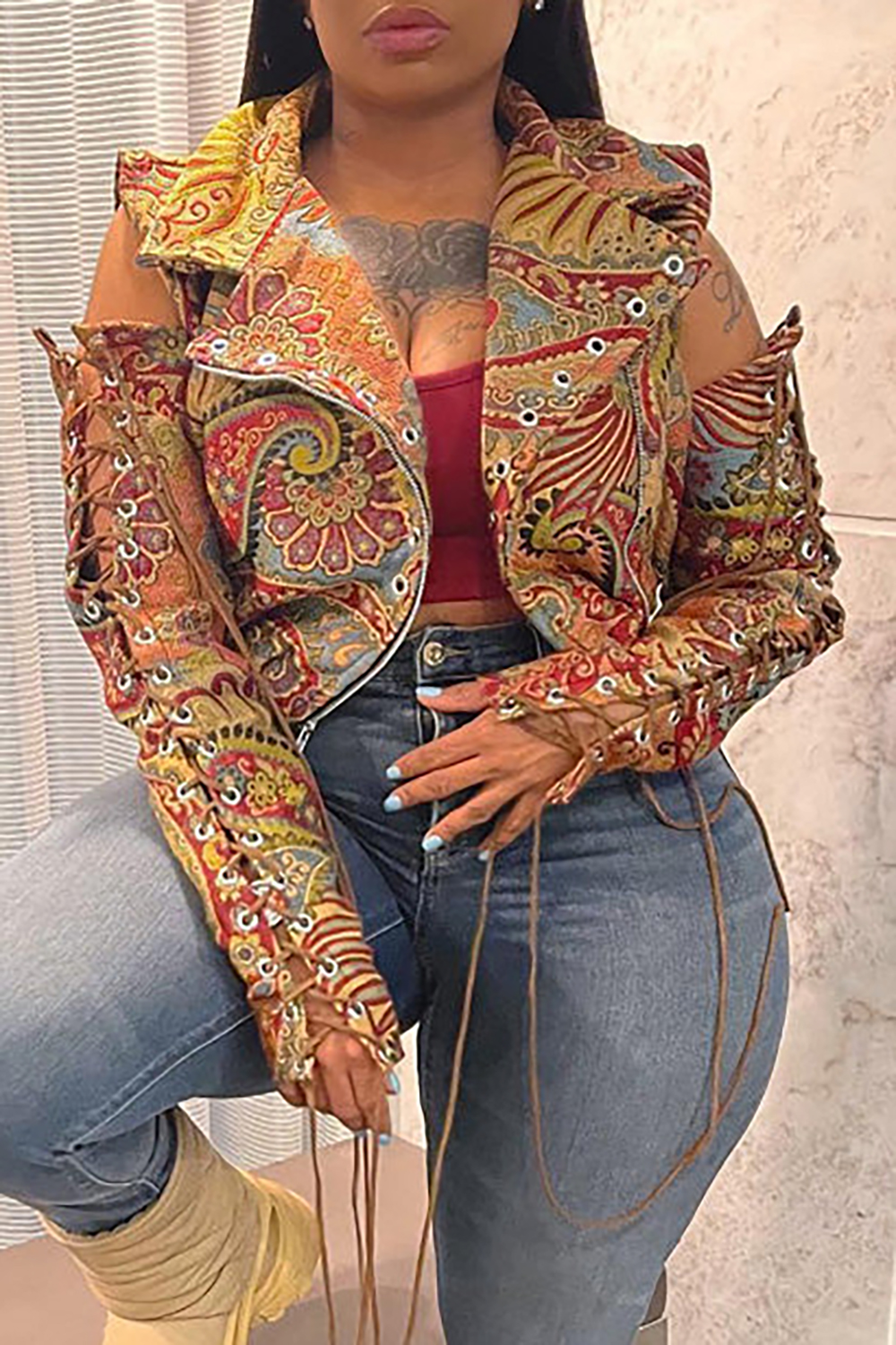 Plus Size Outerwear Jacket Daily Paisley Printing Fall Khaki Pattern Print Drawstring Outerwear Jacket