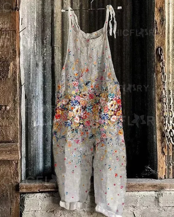 Fashion Oil Painting Style Floral Women Casual Linen Jumpsuits