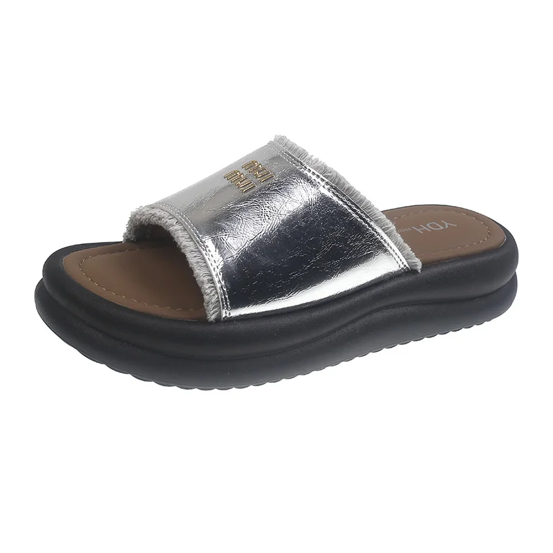 Yyvonne Summer New Pine Cake Bottom Toe Slippers Women Wearing Silver Simple Wind Half Dragging Feet Cold Drag