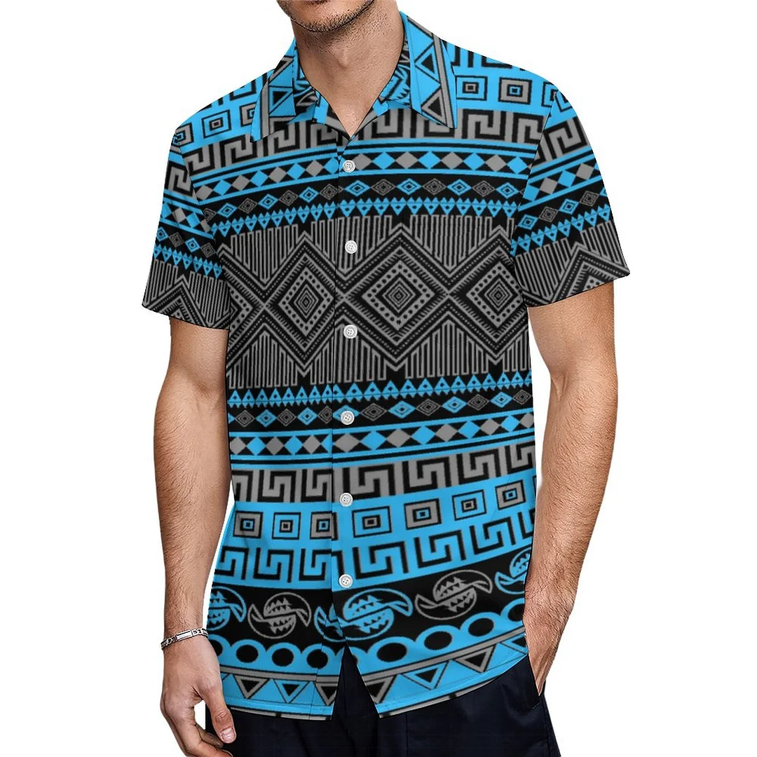 Cool Summer Trendy Neon Blue Aztec Hawaiian Shirt Mens Button Down Plus Size Tropical Hawaii Beach Shirts