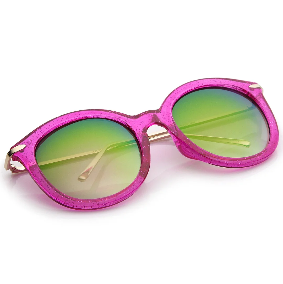 Women's Transparent Glitter Frame Ultra Slim Metal Temple Round glasses 56mm