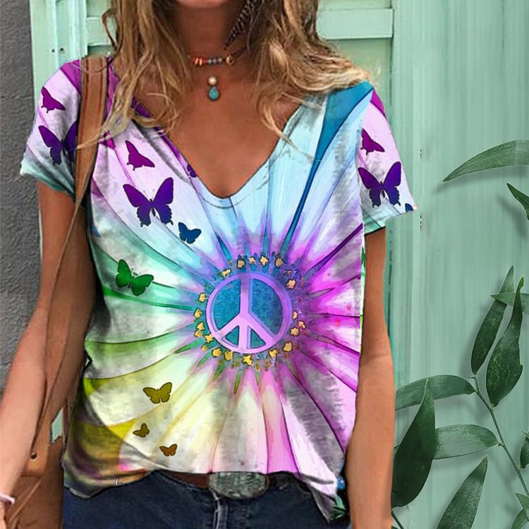 Casual Butterfly Peace Symbol Print T-Shirt
