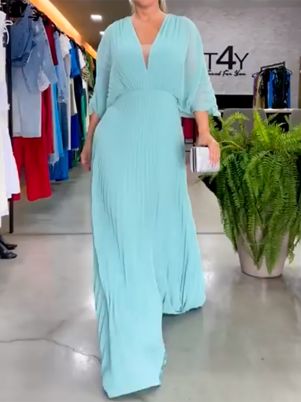 Solid Color Half Sleeves V-Neck Maxi Dresses