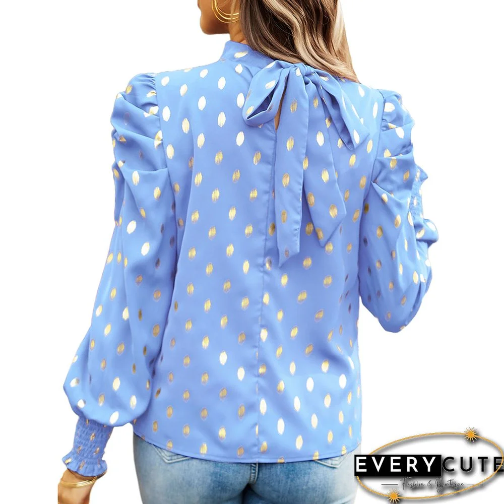 Light Blue Polka Dot Pleated Cuffs Long Sleeve Tops