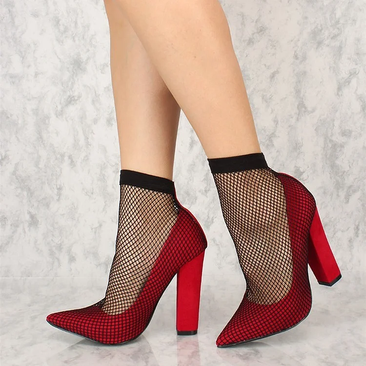 Red Chunky Heels Pointy Toe Sexy Mesh Pumps US Size 3-15 |FSJ Shoes