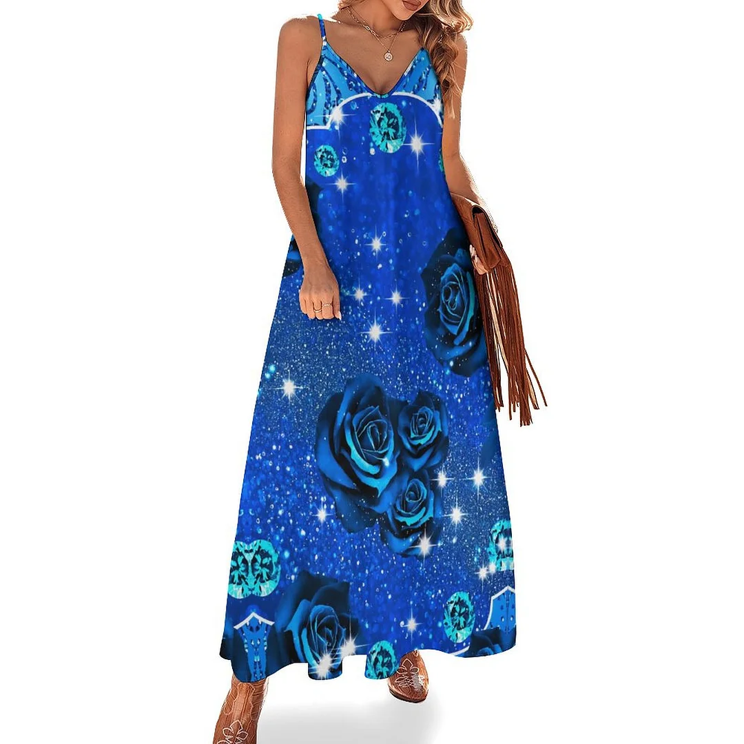Style & Comfort for Mature Women Plus Size Printed Sling Casual Women Maxi Dress in Pattern Rose, Blue, Glitter
