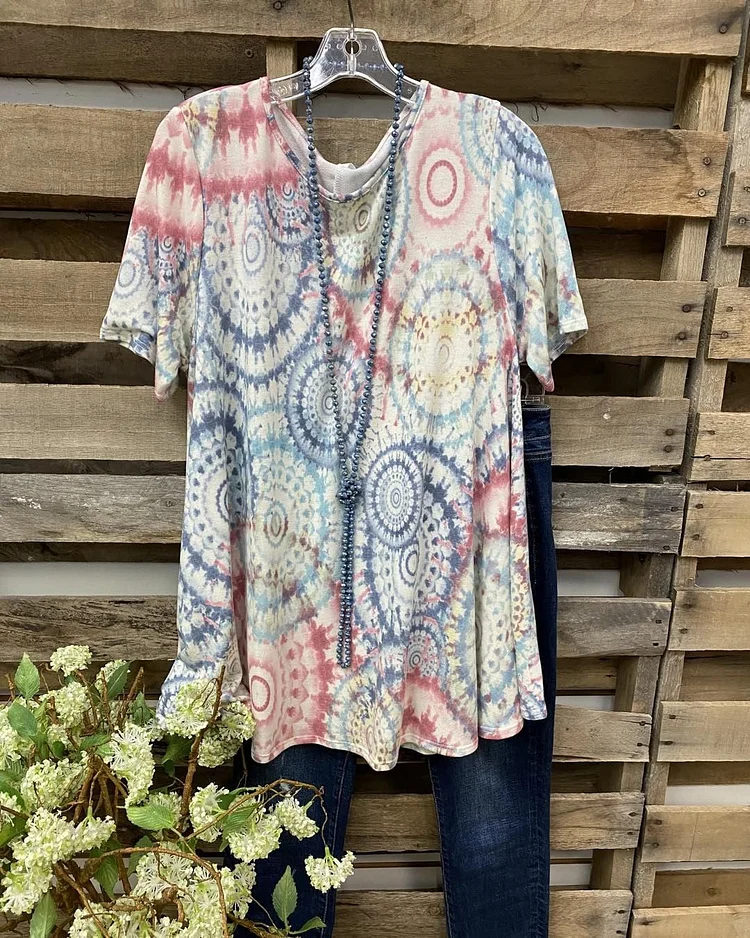 Ladies Pure Cotton Casual Tie Dye Round Neck Short Sleeve-Mayoulove