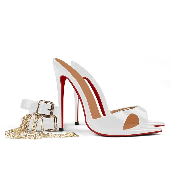120mm Women's Sandals Removable Chain Ankle Strap Pointed Toe Mules Heels-vocosishoes