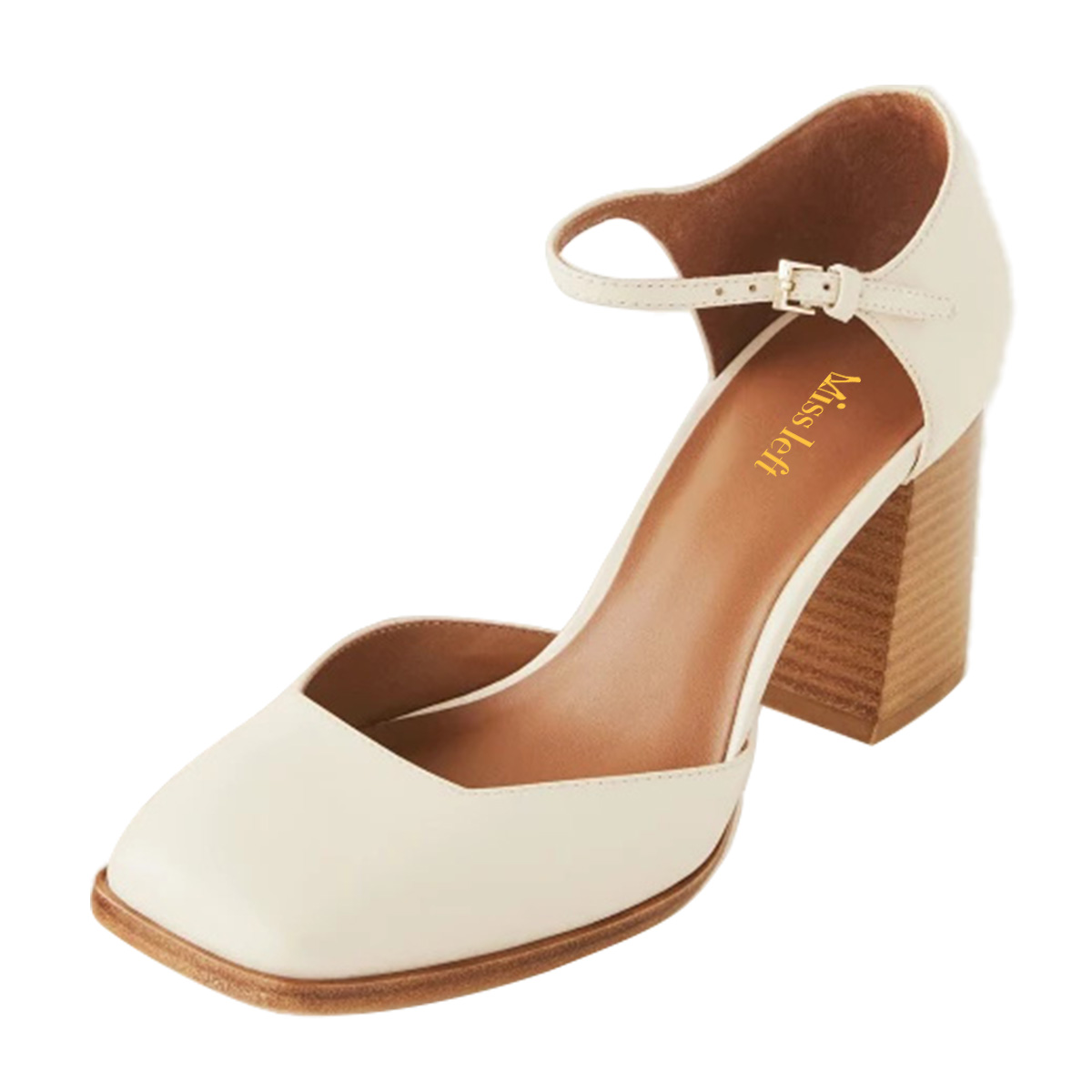 Ivory Closed Toe Chunky Heel Ankle Strap Buckle Women's Pumps Shoes Nicepairs