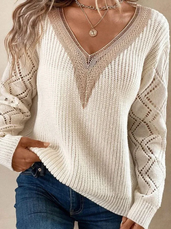 Women's Stitching Hollow Solid Color V-neck Long Sleeve Top
