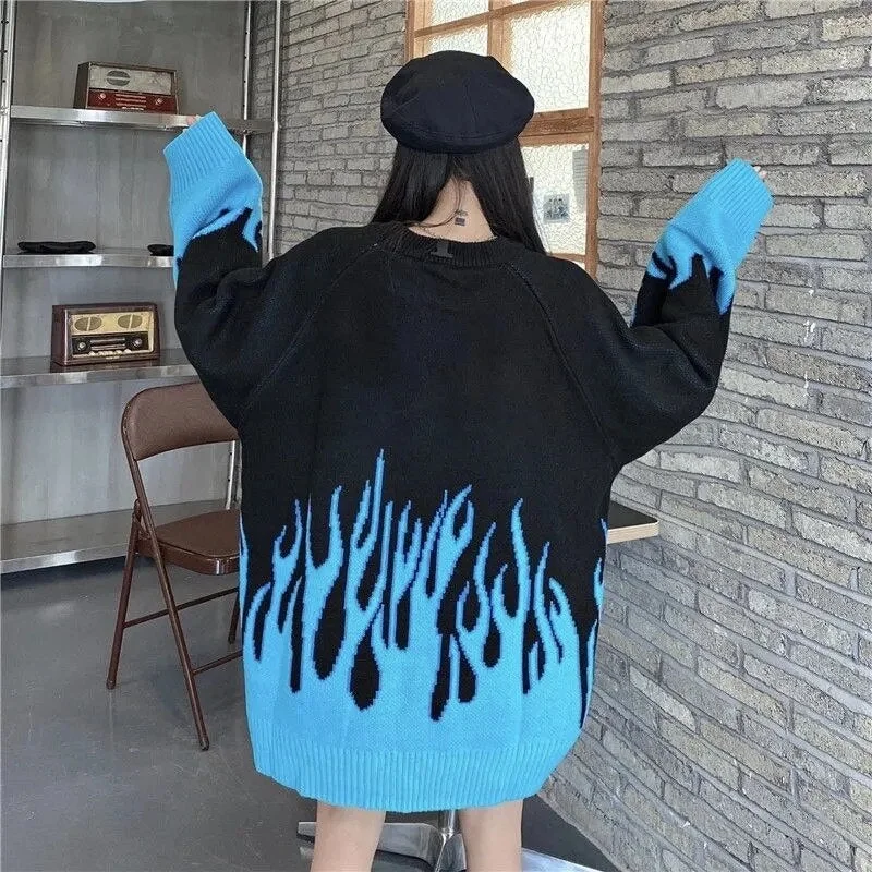 New Winter Autumn Sweater Women Men Casual Long Sleeve Blue Flame Oversized Pullover Sweater Loose Boyfriend Pullovers