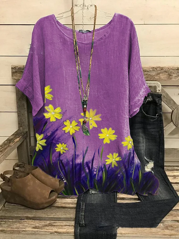 Bestdealfriday Violet Cotton Blend Short Sleeve Floral Shirts Tops 9085785
