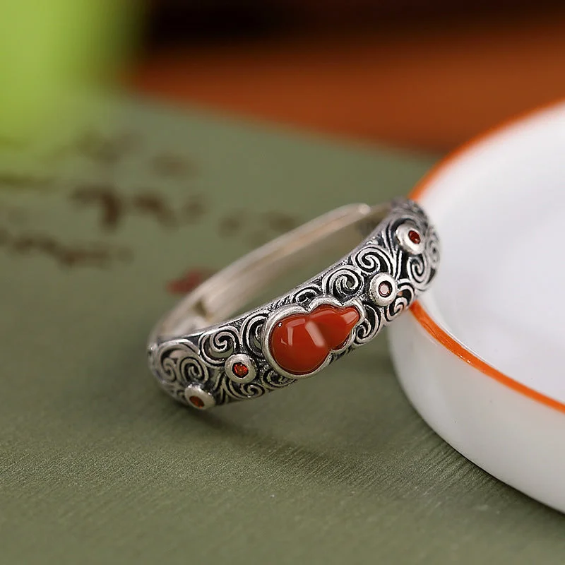 S925 Silver Red Agate Gourd Wealth Peace Protection Ring