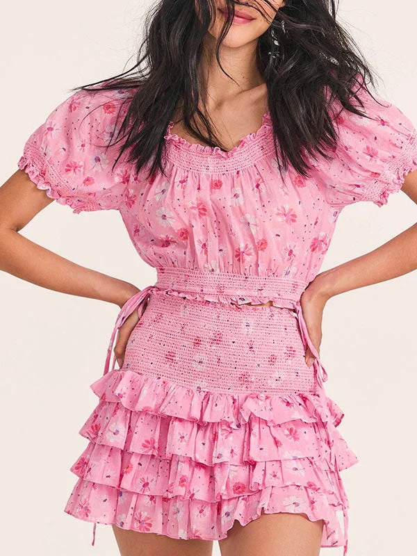 Floral top + ruched cake skirt set