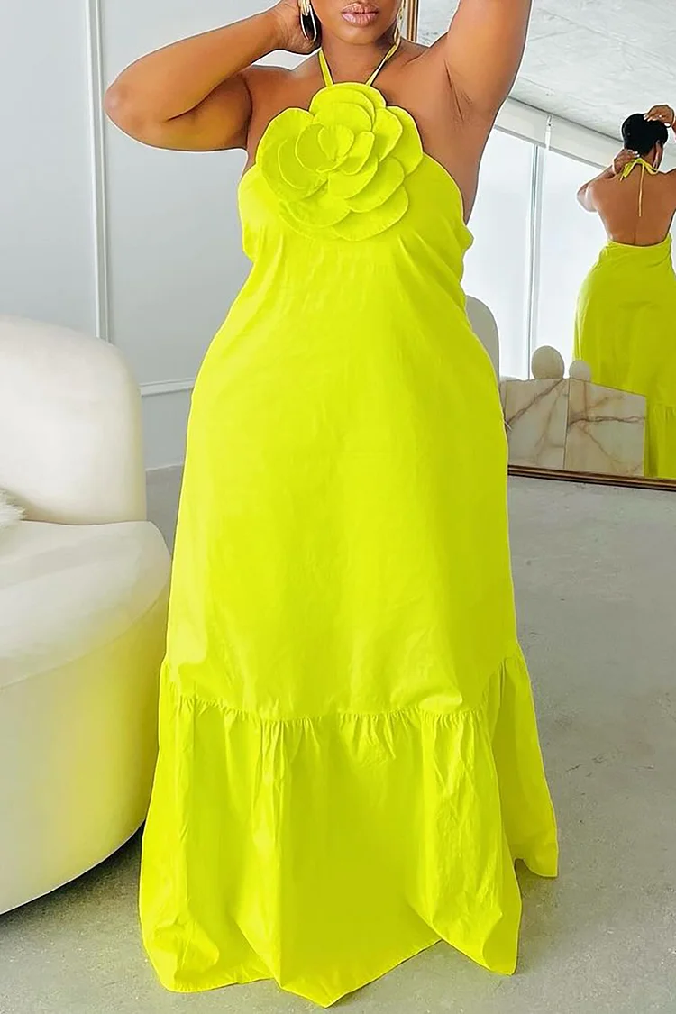 Plus Size Vacation Fluorescent Neon Green Sundress Halter Collar 3D Backless Cotton Maxi Dresses