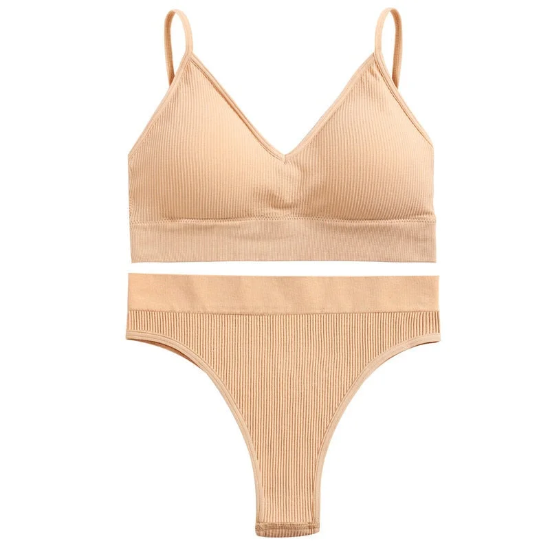 FINETOO Women Seamless Bra Set Push Up 1 Camis+1 Panty Lingerie Sports Underwear Active Sexy Thong Bra Fitness Bikini Crop Top