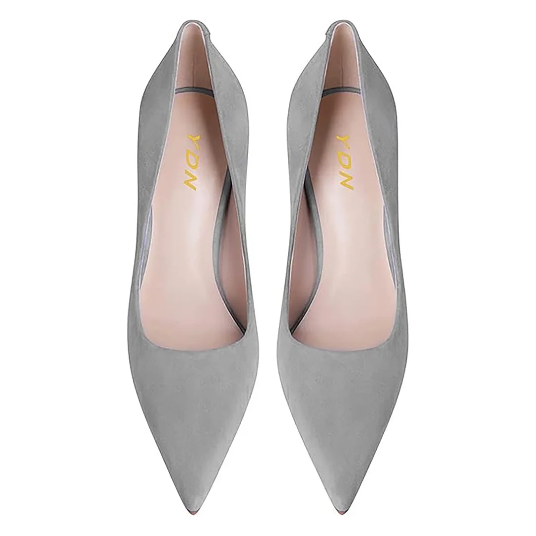 YDN Grey Vegan Suede Pointed Toe Flared Heel Pumps for Women