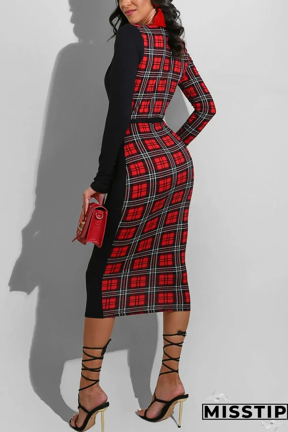 Red Elegant Print Patchwork V Neck Sheath Dresses