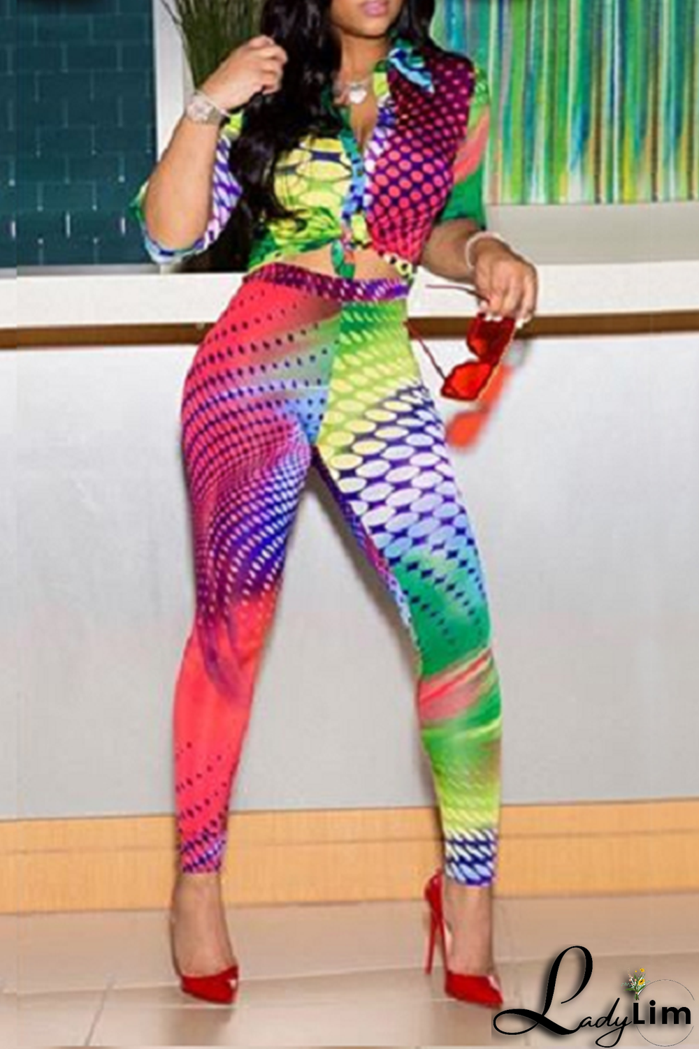 Yellow Sexy Patchwork Tie-dye Turndown Collar Long Sleeve Two Pieces