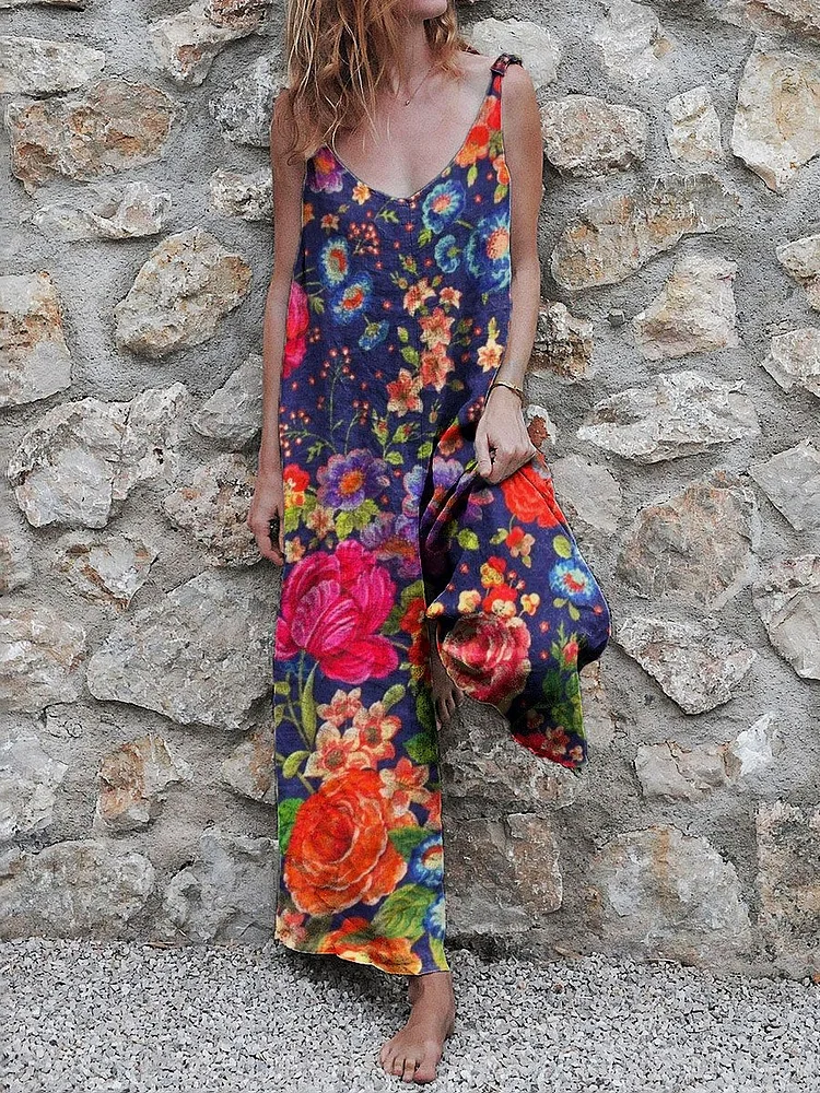 Women's Vintage Flower Print Casual Strap Wide Leg Pants