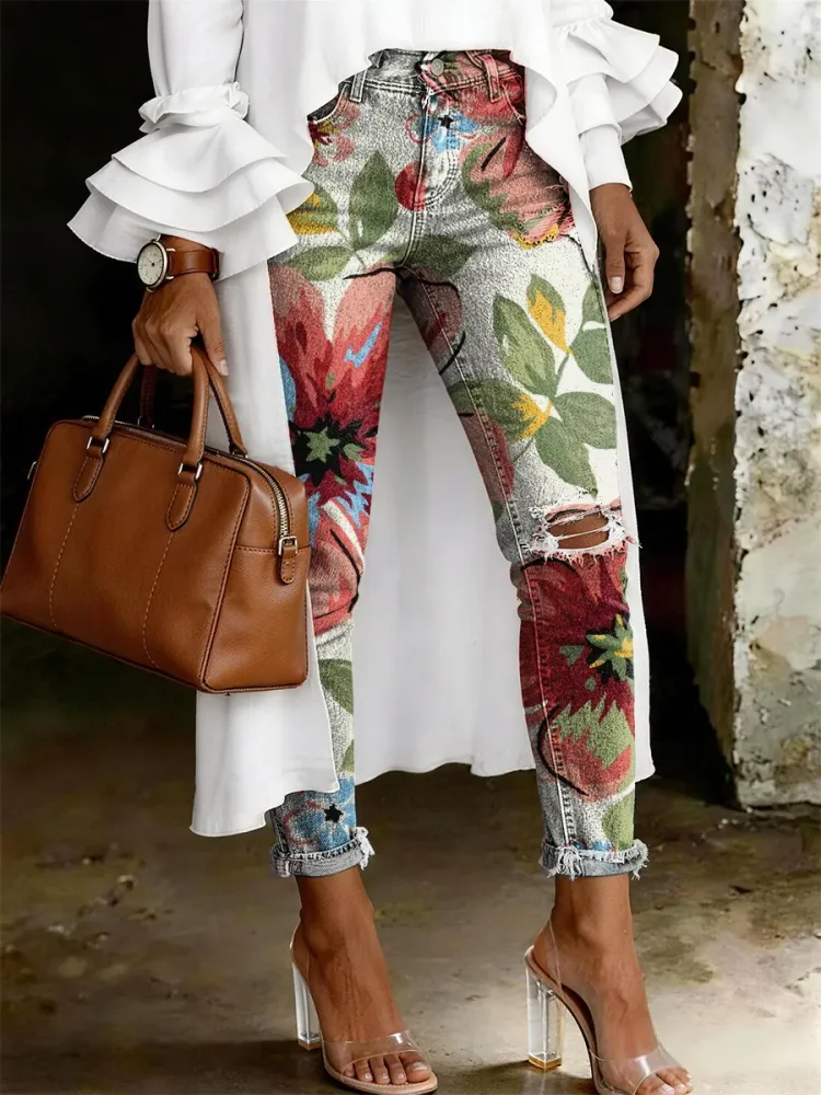 Women's Fashion Casual Multicolor Flowers Art Print Ripped Skinny Jeans