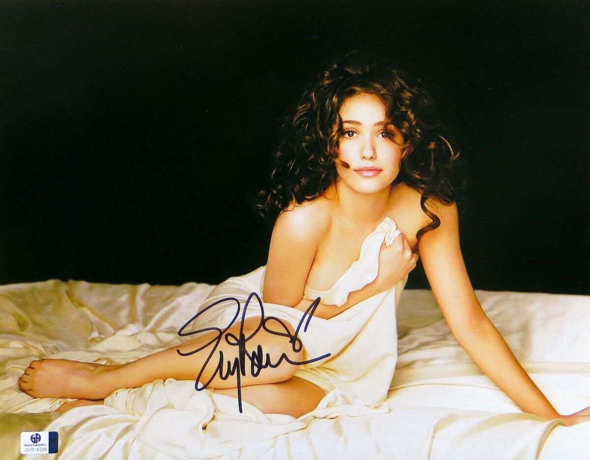 Emmy Rossum Signed Autographed 11X14 Photo Poster painting Sexy Cute in Bed Sheet GV814399