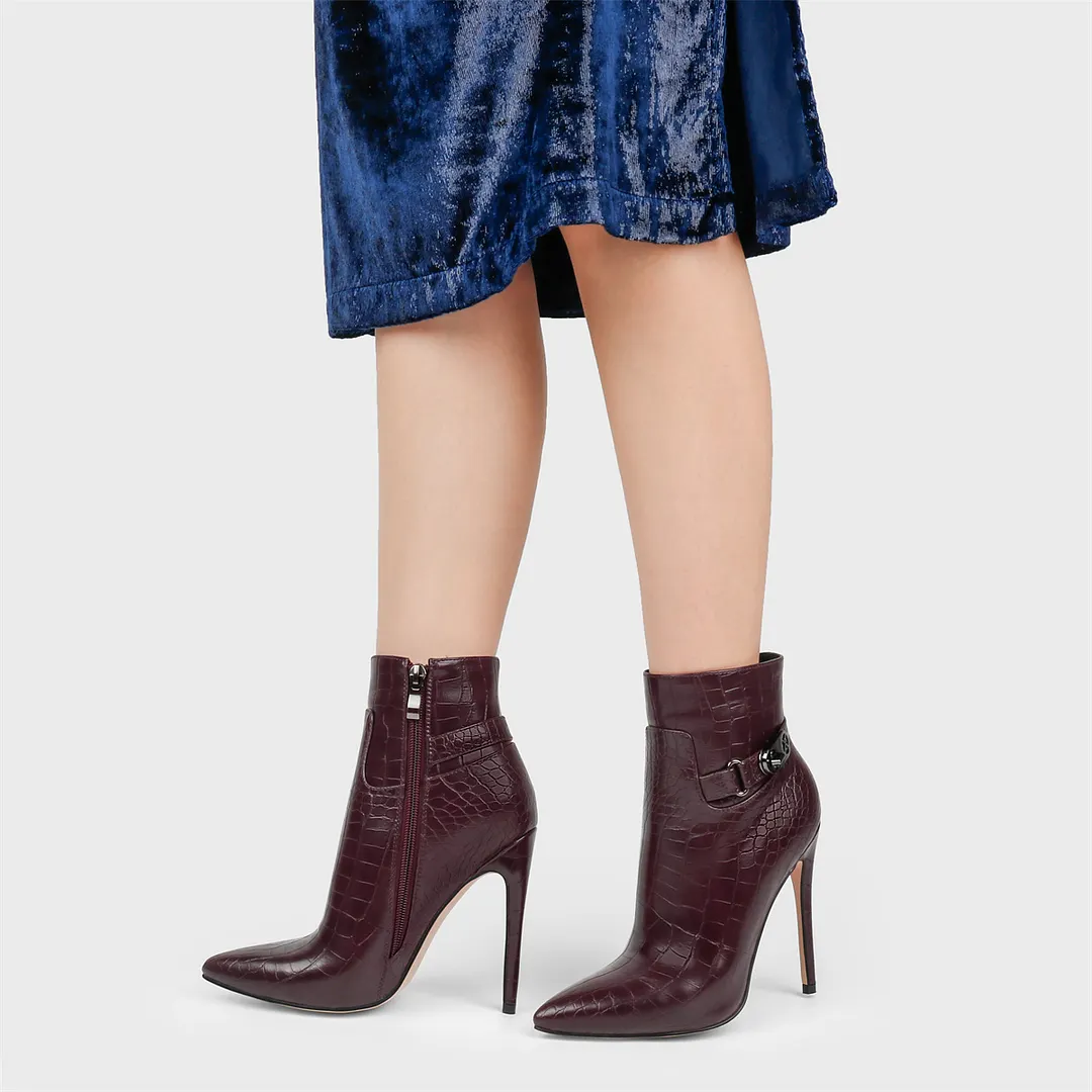 12cm/4.72 inch Pointed Toe Stiletto Crocodile Ankle Booties With Metal Buckle