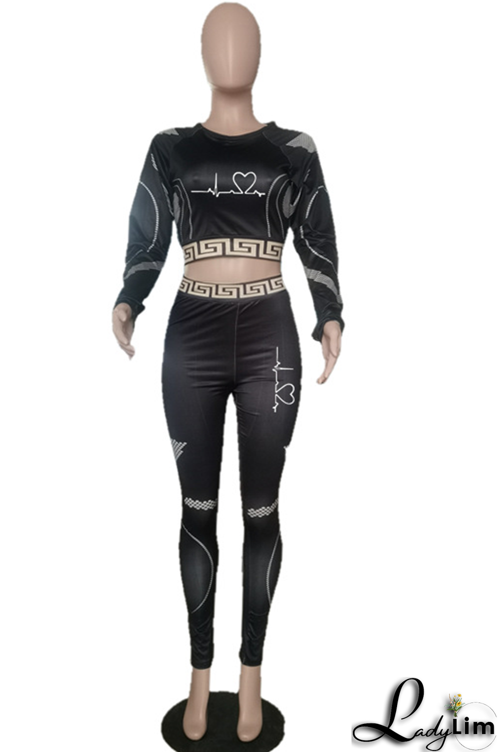 Black Casual Print Split Joint O Neck Long Sleeve Two Pieces