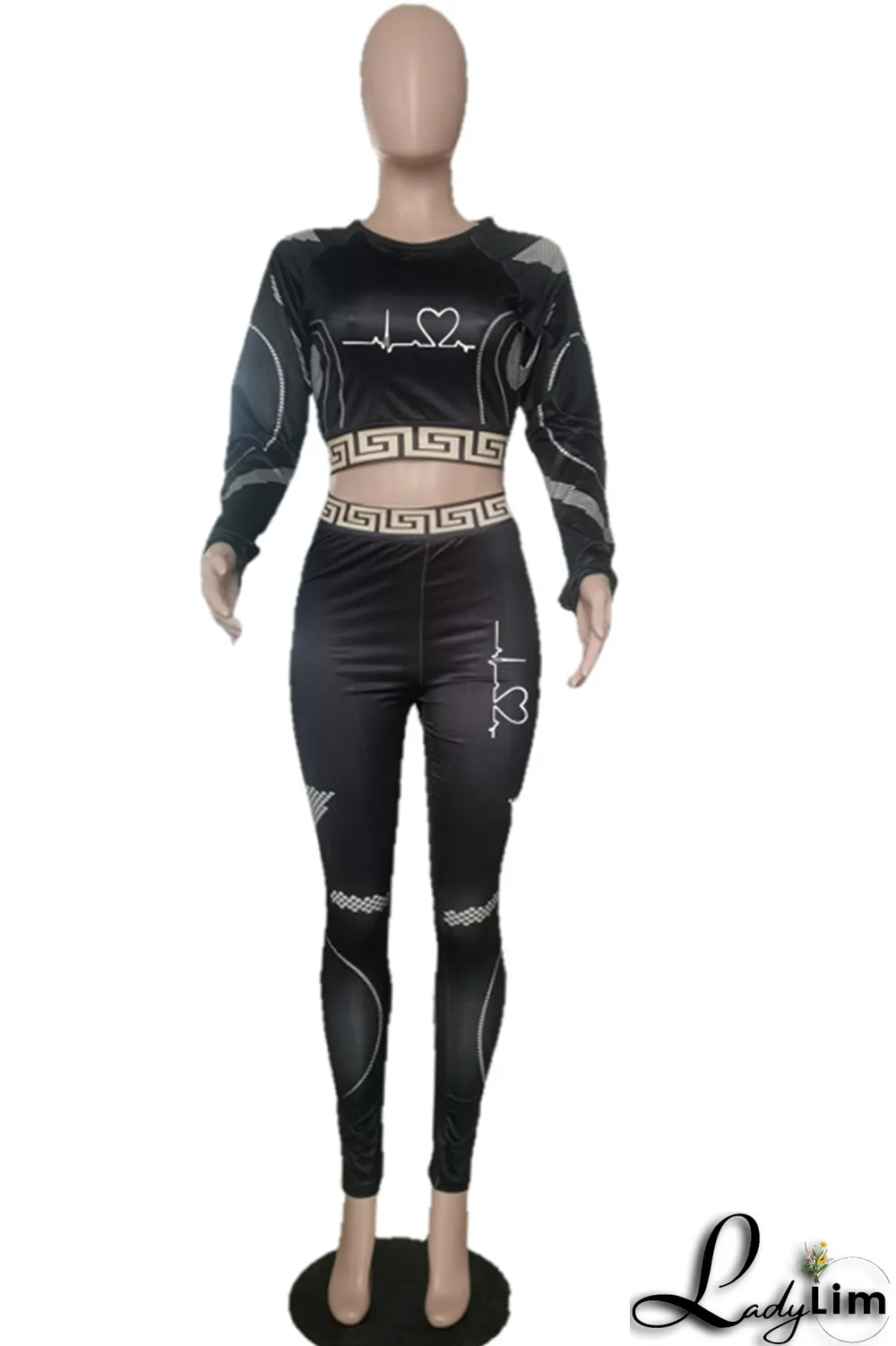Black Casual Print Split Joint O Neck Long Sleeve Two Pieces