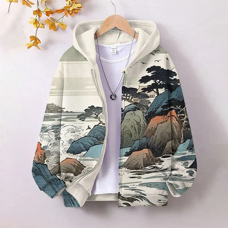 Men's Japanese Landscape Art Landscape Print Hooded Zip Up Jacket