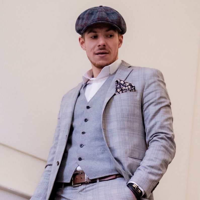 SHELBY Harris Tweed Genuine Scottish 8 Panels Newsboy PEAKED  Cap Applejack Bandit Hooligan Vintage Gangster Wool Fall Hat GRAY-BLUE