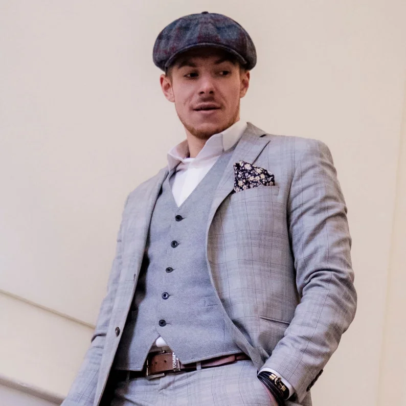 SHELBY Harris Tweed Genuine Scottish 8 Panels Newsboy PEAKED  Cap Applejack Bandit Hooligan Vintage Gangster Wool Fall Hat GRAY-BLUE