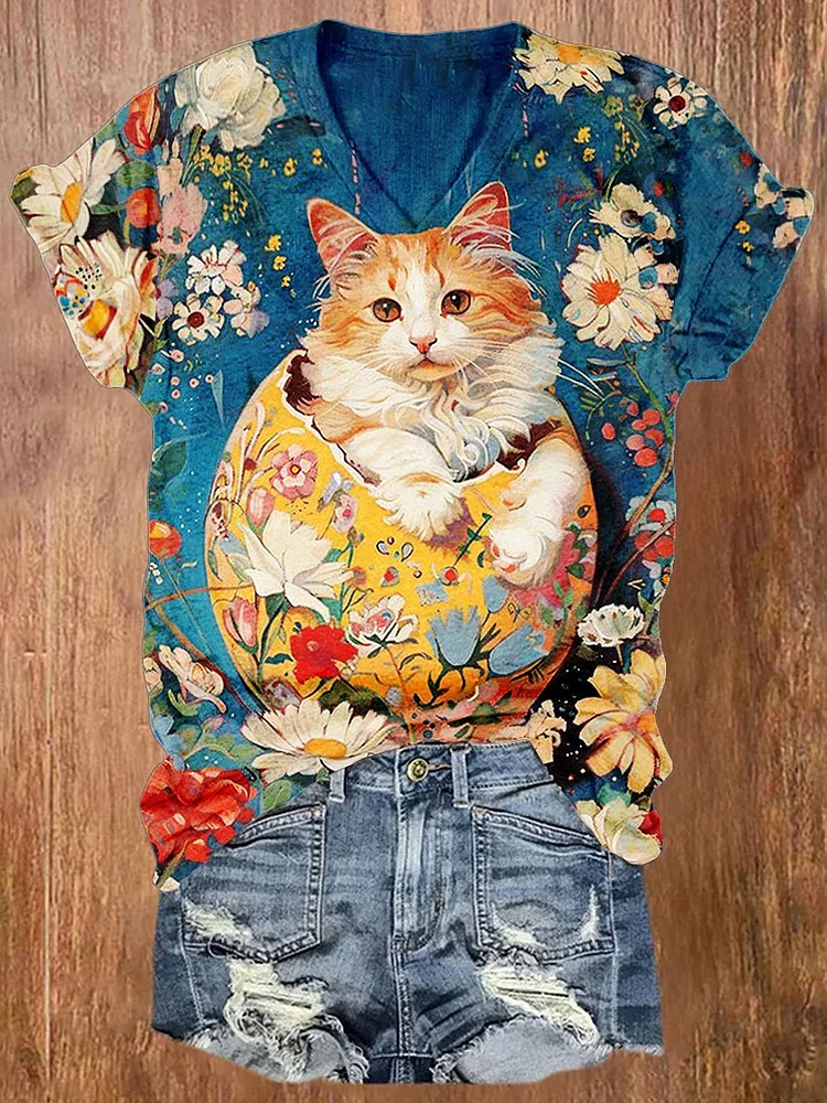 Vintage Flowers Cute Cat Print T-shirt