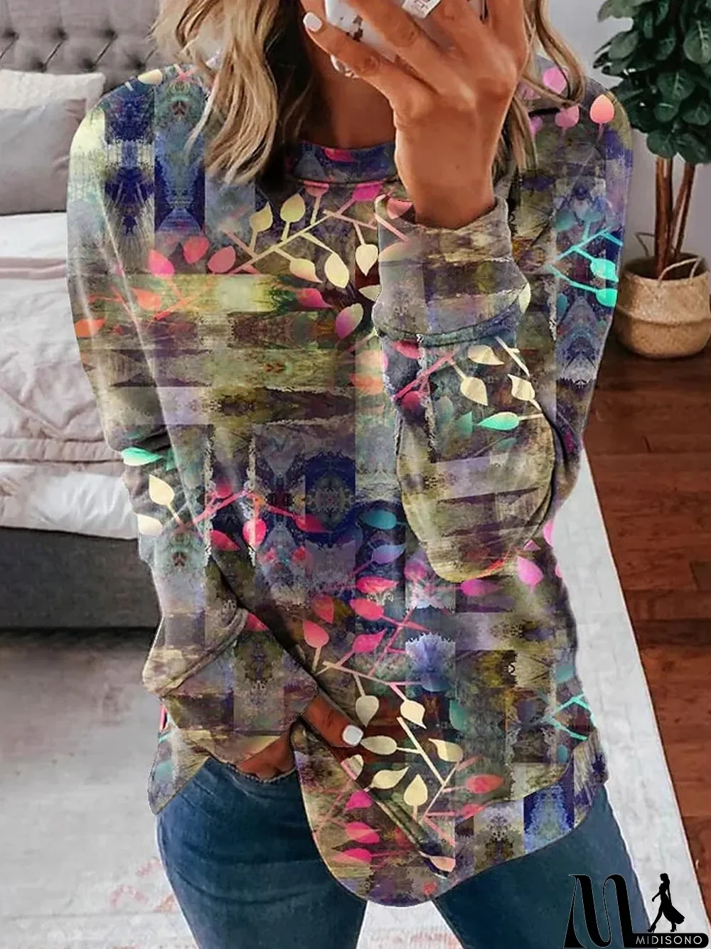 MidiSono - Women Long Sleeve Scoop Neck Printed Geometric Tops