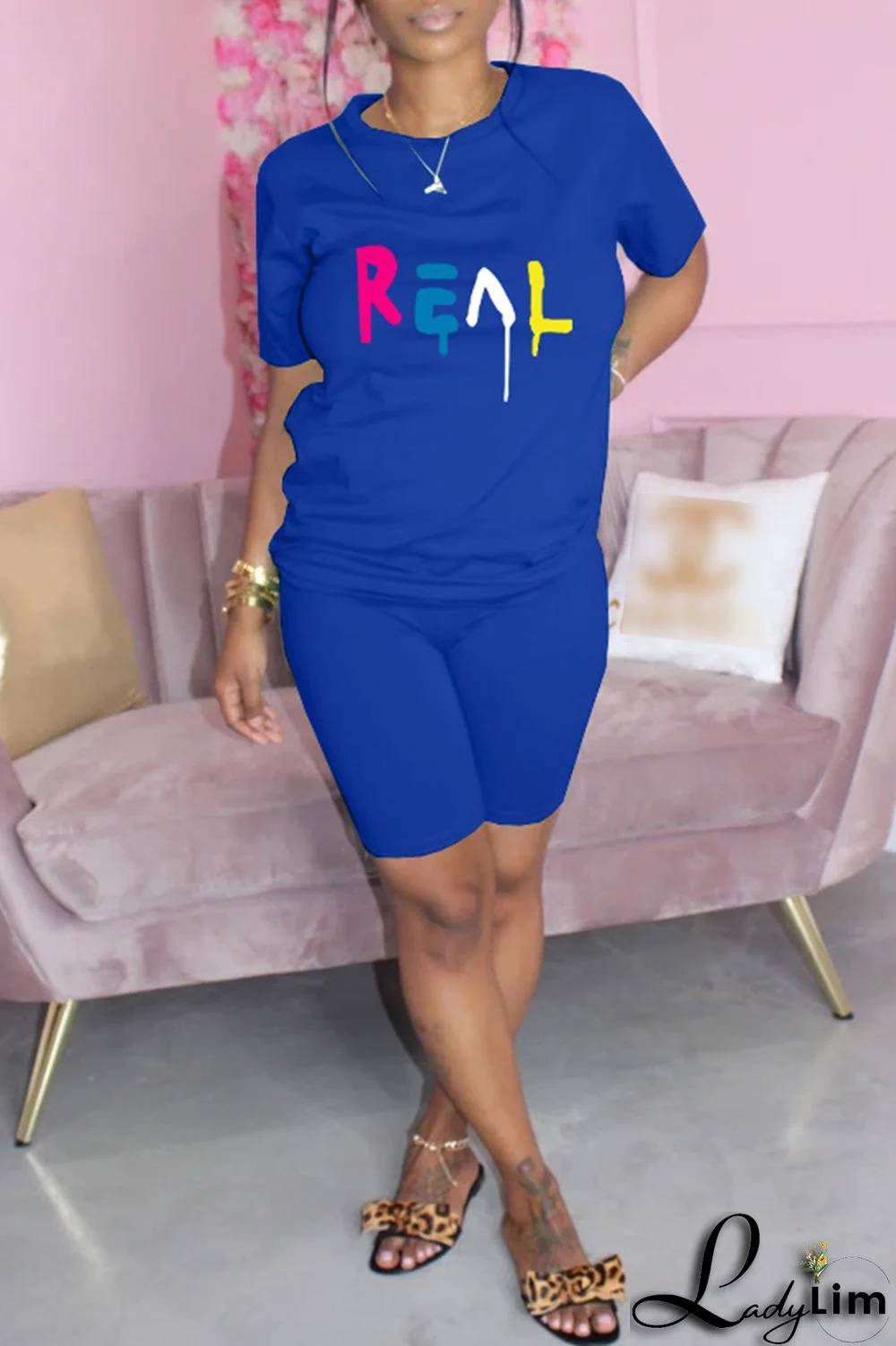 Yellow Fashion Casual Print Basic O Neck Short Sleeve Two Pieces