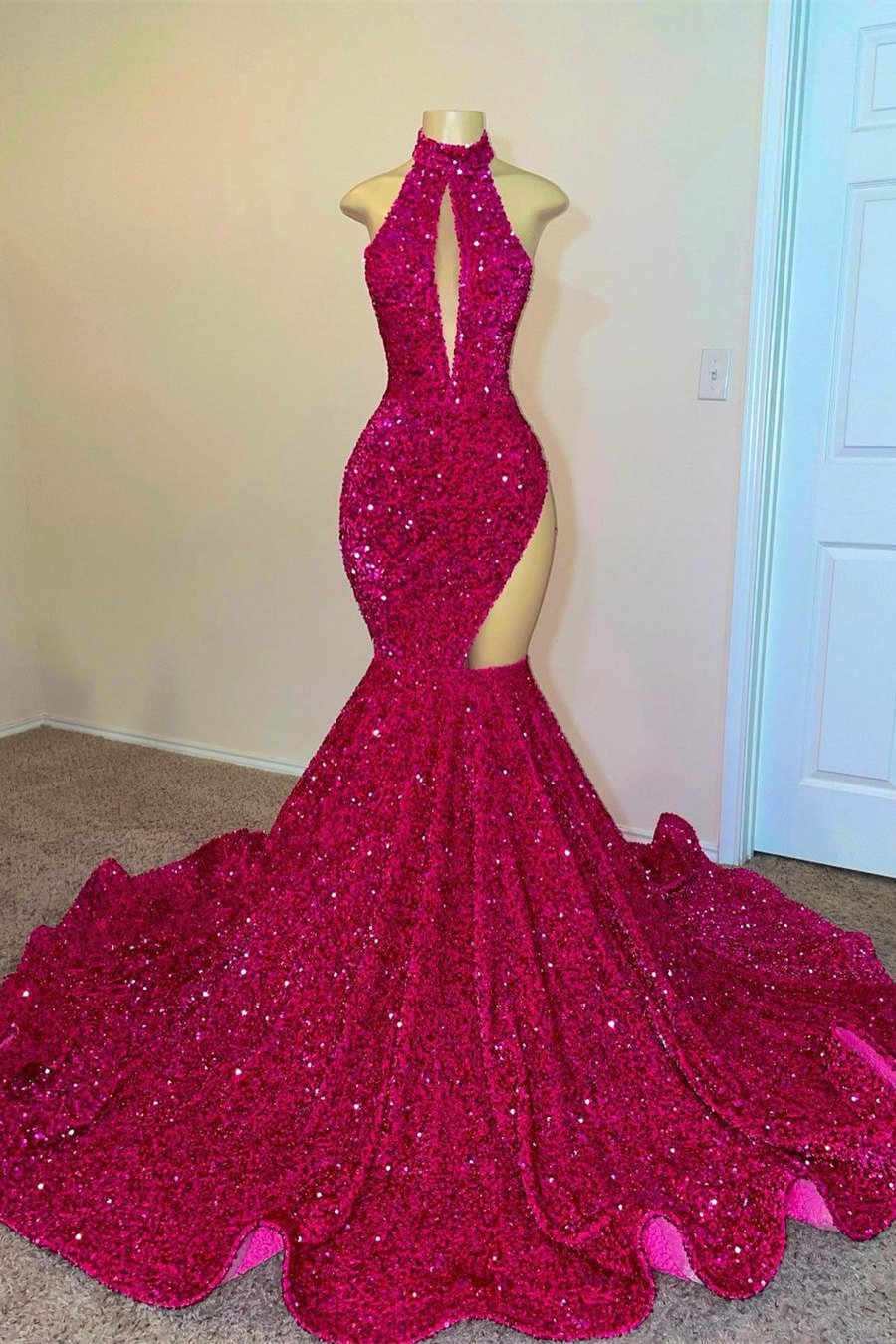 Fuchsia High Neck Sleeveless Mermaid Long Prom Dress With Sequins PD0739
