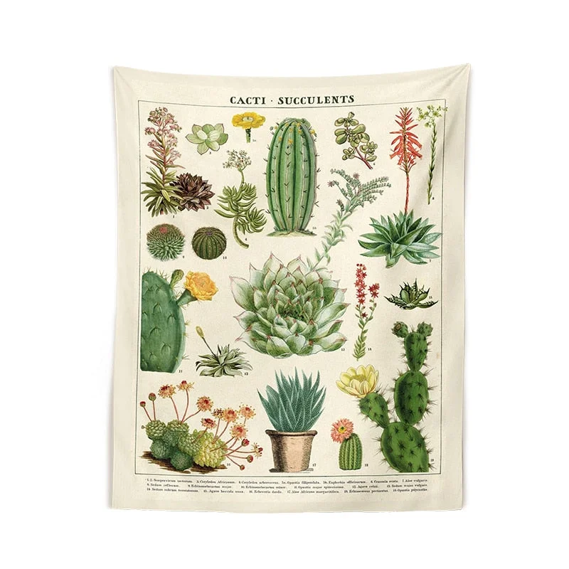 Botanical Cactus Tapestry Wall Hanging Retro cacti succulents Mushroom Chart Hippie Bohemian Psychedelic Witchcraft Home Decor